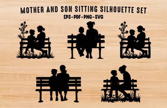 Mother Son Sitting on Bench Silhouette